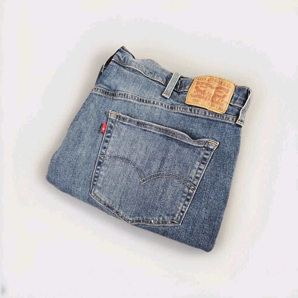 Levis 559 Jeans Mens 46x30 Medium Wash Blue Relaxed Straight Stretch Denim
